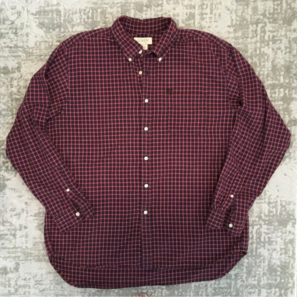 J. Crew Button Down Red Black Plaid Shirt Cotton Work Shirt Business Casual XL
